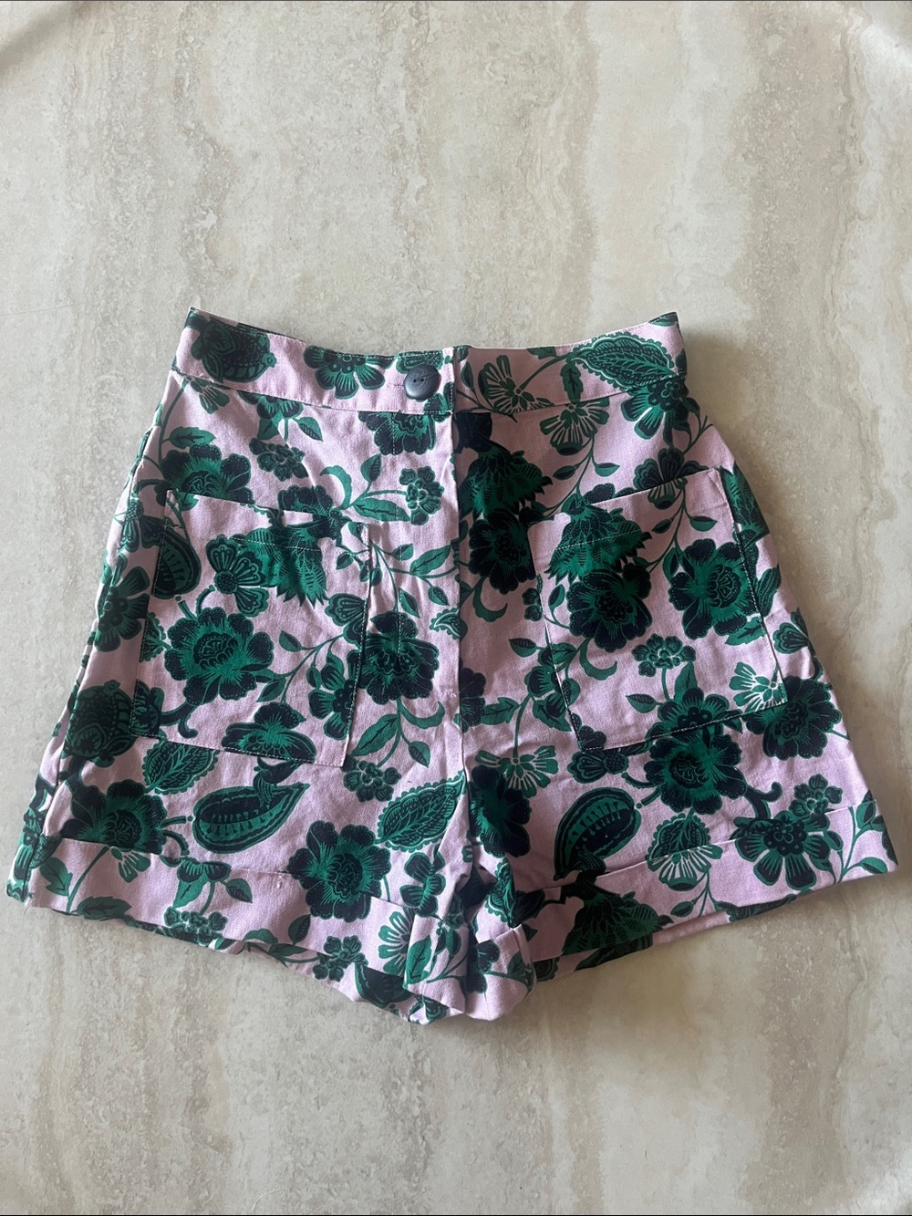 Corey Lynn Calter Pink Shorts with Dark Green Floral Print